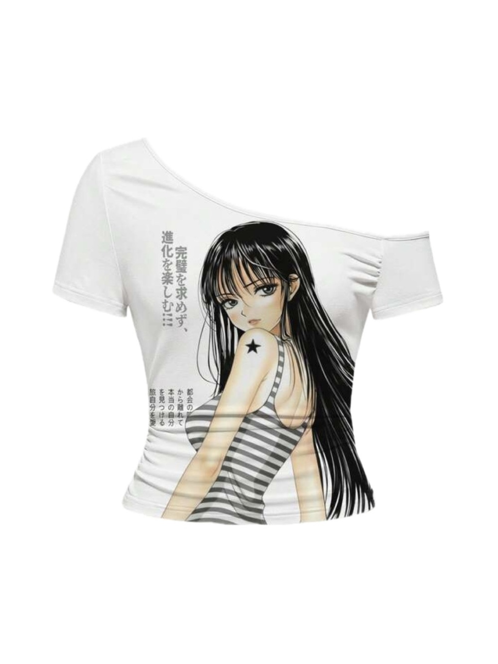 ROMWE White Asymmetric Off-Shoulder Anime Girl Crop Top